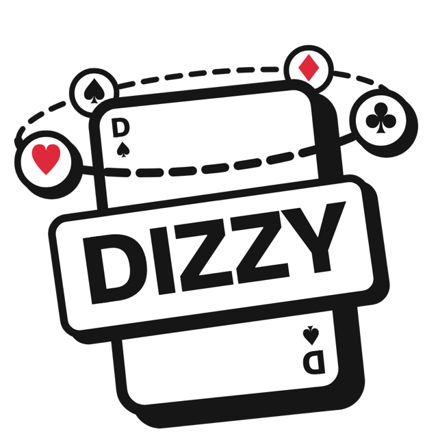 DIZZY-Logo: Spielkarte mit Banderole und Kartensymbolen im Kreis